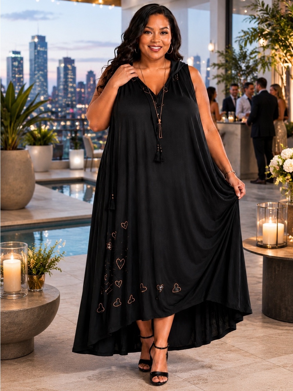 Haute Hippie Black Sleeveless Maxi Dress with Heart Accents and hoodie